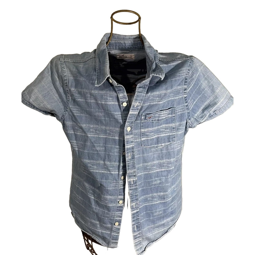HOLLISTER Boys Denim Blue Button Front Short Sleeve Casual Shirt Size M